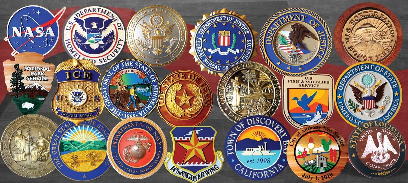  custom carved 3-D and 2.5-D Wall Plaques of Federal, State, City and Military Seals, Emblems, Crests, Insignia, Badges and Logos