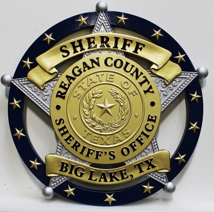 PP-1776 - Carved 3-D HDU Plaque of the Star Badge of the Sheriff of Reagan County, in Big Lake, Texas