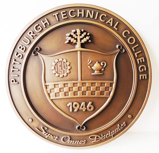 Y3430 - Carved 3-D Brass-Plated Plaque of the Seal of   the Pittsburg Technical College 
