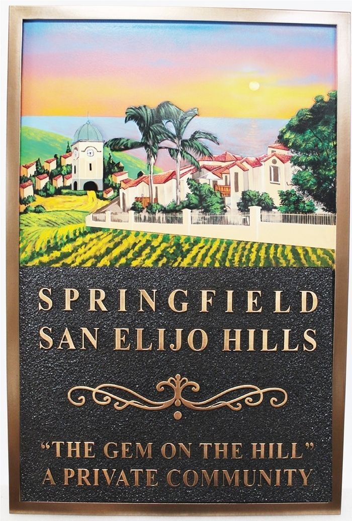 K20227 - Carved 2.5-D HDU Entrance Sign for the "Springfield San Elijo Hills" Condominiums, featuring a Scene of Fields and Buildings as Artwork
