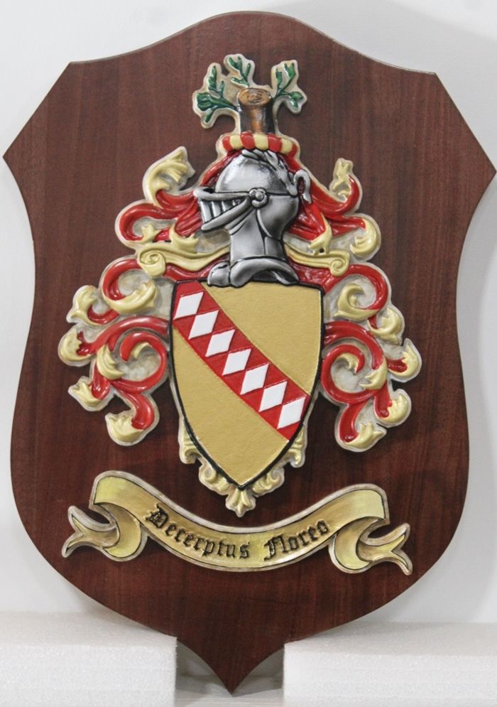 XP-2007 - Carved 3-D Plaque of Coat of Arms with Tree, Helmet and Shield  