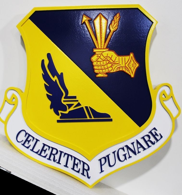 LP-5645 - Carved 2.5-D Raised Relief HDU Plaque of the Crest of the 374th Airlift Wing with Motto "Celeriter Pugnare" (Swift to Fight)