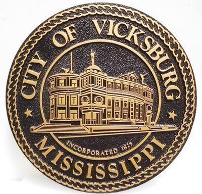 X33240 - Carved 2.5-D HDU Bronze-Plated Plaque of the Seal of the City of Vicksburg, Mississippi