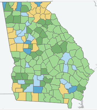 state of Georgia showing counties in different colors, representativ eof how much of the population has beent raine din child abuse prevention