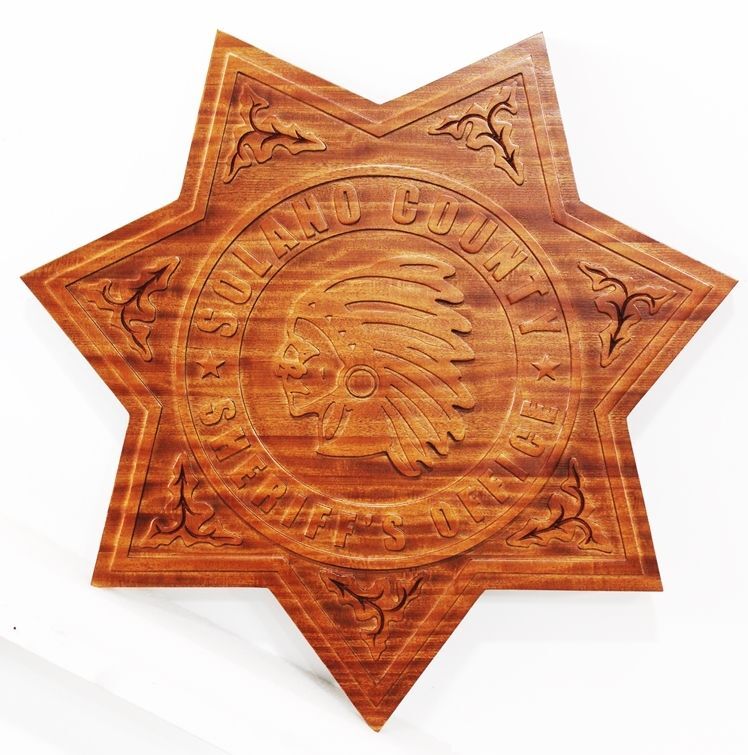 PP-1849 - Carved 2.5-D Raised Multi-level Relief Mahogany Plaque of the Badge of  the Sheriff's Office, Solano County, California 