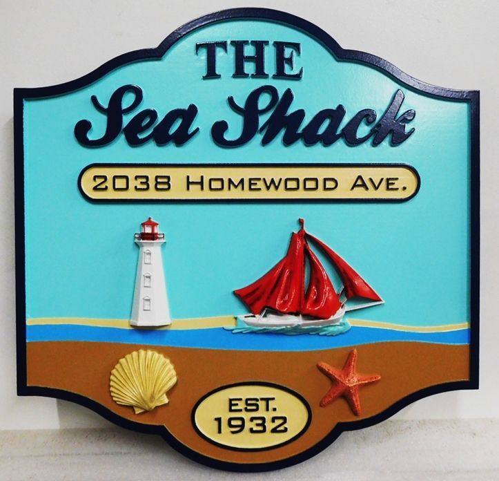 L21445 - Carved  3-D HDU Coastal Residence Name  Sign "The Sea Shack", with Lighthouse and Sailboat as Artwork