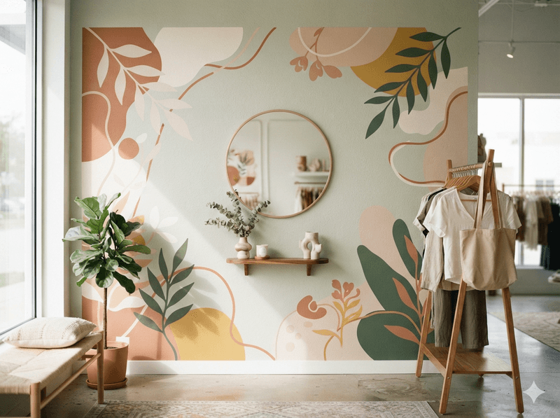 Instagrammable design mural in pastel abstract shapes and leaves with a round gold mirror, styled as a retail wall graphics accent.