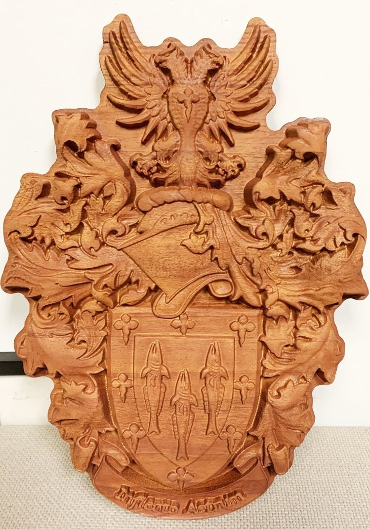 XP-1024 - Carved 3-D Mahogany Plaque of a Coat-of-Arms with a Double-Headed Eagle, a Helmet and a Shield with Three Fish