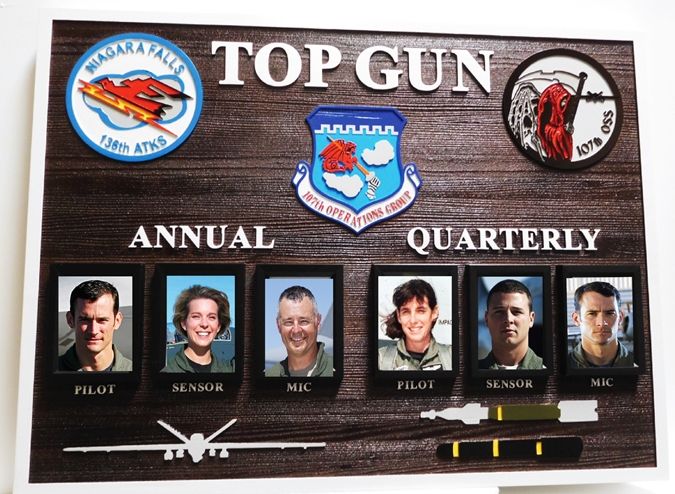 LP-9025 -  Cedar Award Board for Air Force "Top Gun" Annual & Quarterly Winners, with Framed Photos and Carved Crests 