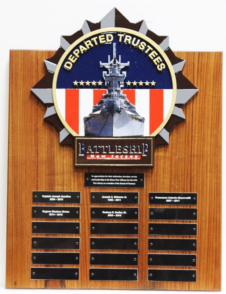 SB1010 - Recognition and Memorial  Plaque Honoring Departed Trustees of the Battleship New Jersey Museum,  Carved from California Redwood.