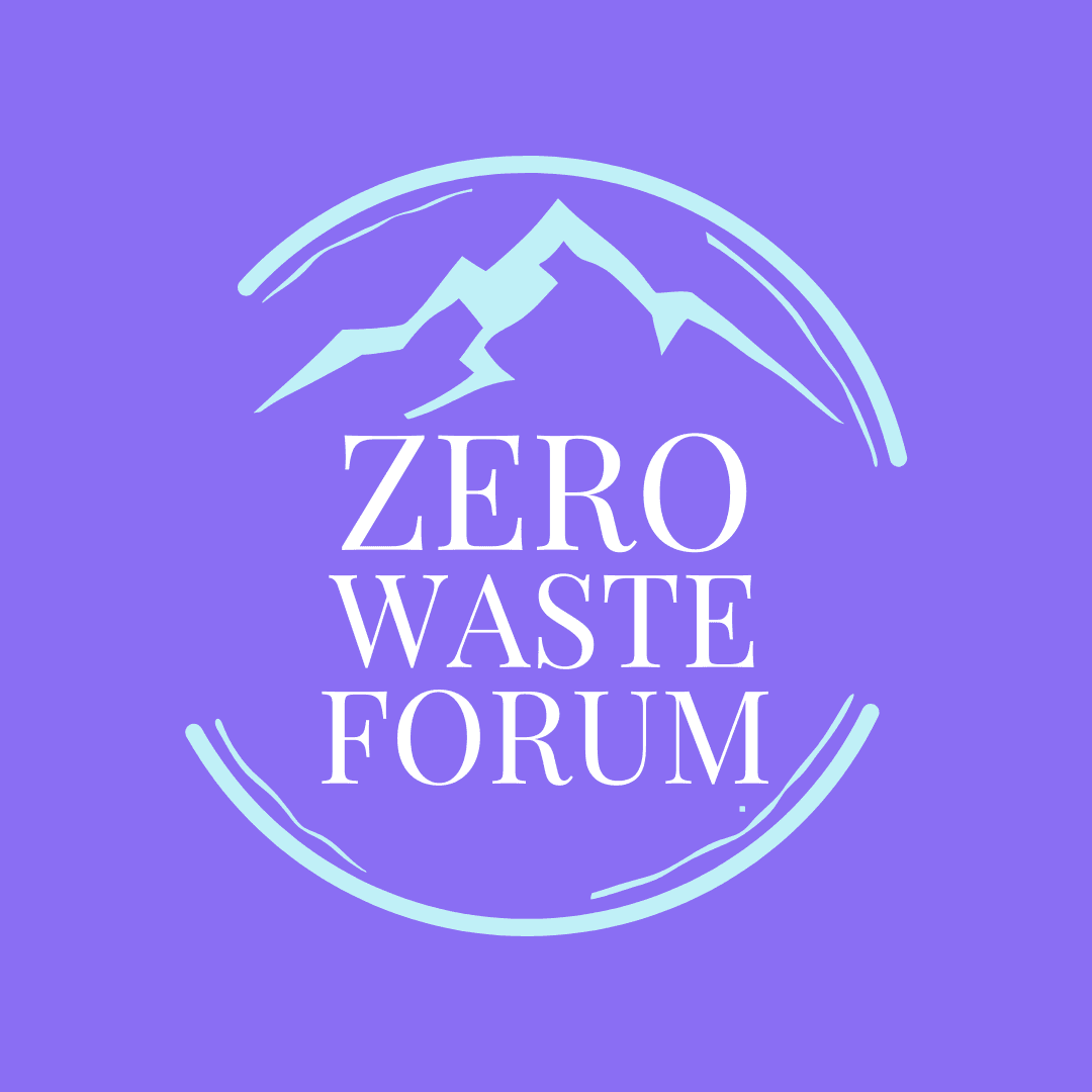 Zero Waste Forum logo. purple background, light blue circle with mountain, "Zero Waste Forum" inside the circle in white.
