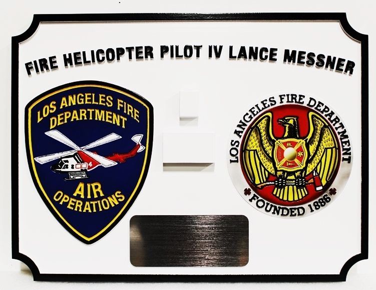 QP-1195 - Carved Los Angeles Fire Department Helicopter Pilot Plaque, with LA Fire Department Seal and Air Operations Shoulder Patch, 3-D