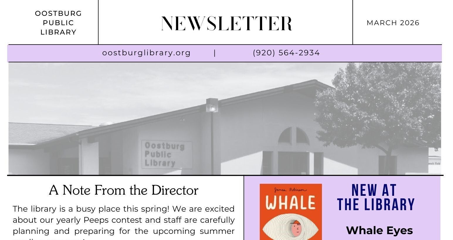 March 2026 Newsletter, page 1. Includes a note from the library director and highlights a new title "Whale Eyes"