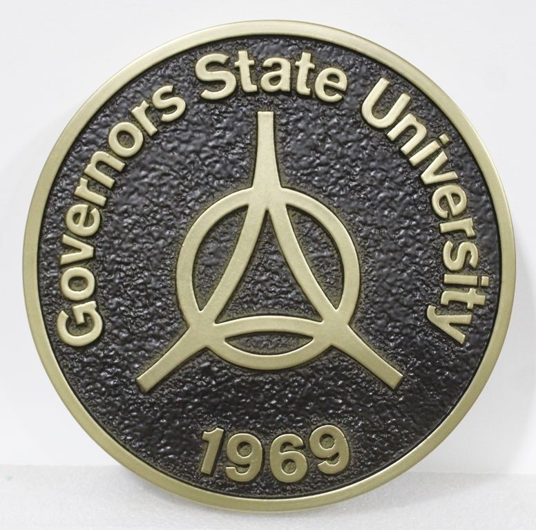 RP-1796 - Carved 2.5-D Multi-Level and Sandblasted Plaque of the Seal of Governors State University, Brass-Plated 