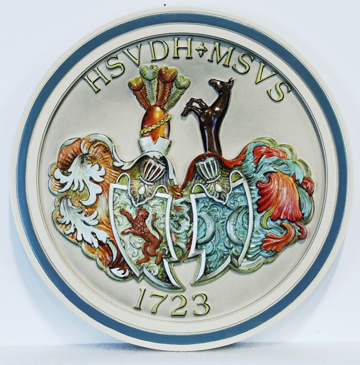 XP-1031 - Carved Plaque of  HSVDH +MSVS Coat-of-Arms with Horse, Lion, Helmets and Moon, 3-D Artist-Painted