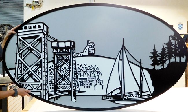 L21307 - Large Plaque of Sailboat, Bridge, and CIty on a Hill