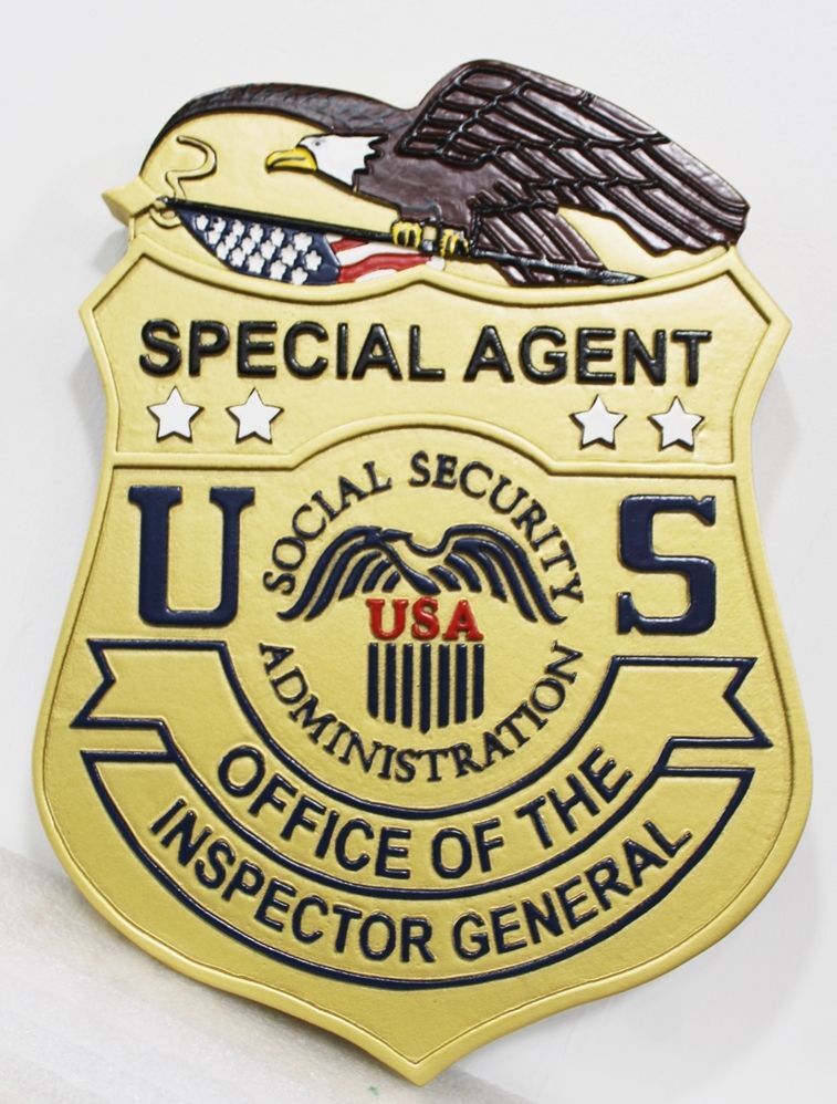 PP-1427 - Carved 2.5-D Multi-Level Raised  Relief  HDU Plaque of the Badge of  a Special Agent of the Office of the Inspector General, Social Security Administration