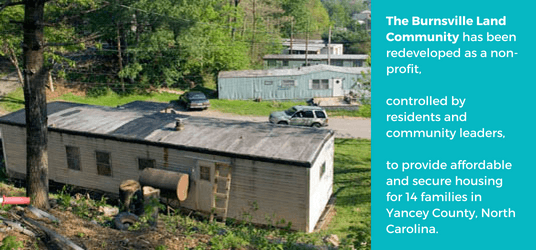Photo of multiple manufactured homes in various conditions, set in the woods of North Carolina. A dirt road separates a cream-colored home in the foreground from four homes in the background, one behind the other, the closest one being light blue.