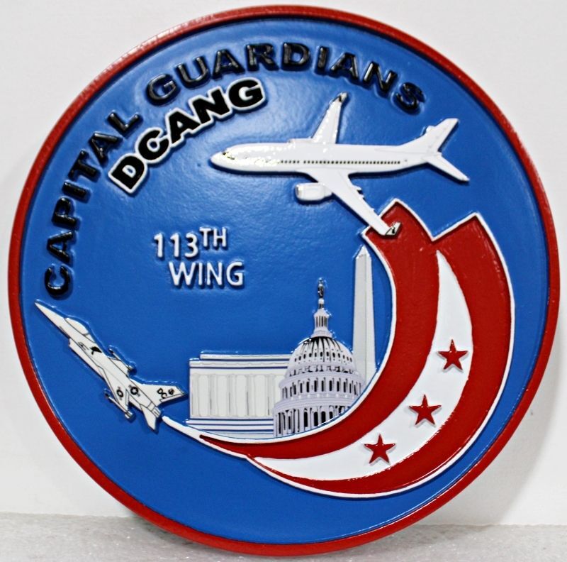 LP-1871 - Carved Plaque of the Shield Crest of the 113th Wing DC Air National Guard "Capital Guardians" Emblem Plaque in Painted HDU