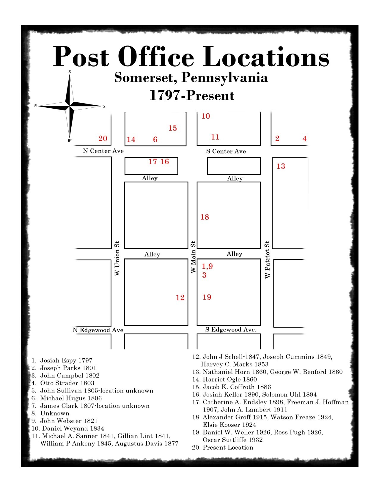 Map of historical United States Post Office locations in Somerset, PA