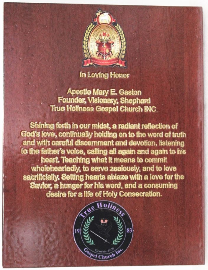 ZP-4035 - Engraved Mahogany Wall Plaque in the Memory of Apostle Mary Gaston, Founder of the True Holiness Gospel Church