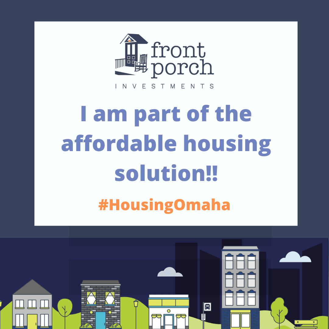 A dark navy blue background has the text "I am part of the affordable housing solution" in periwinkle text. The hashtag #HousingOmaha is also present, with graphic images of various housing structures.