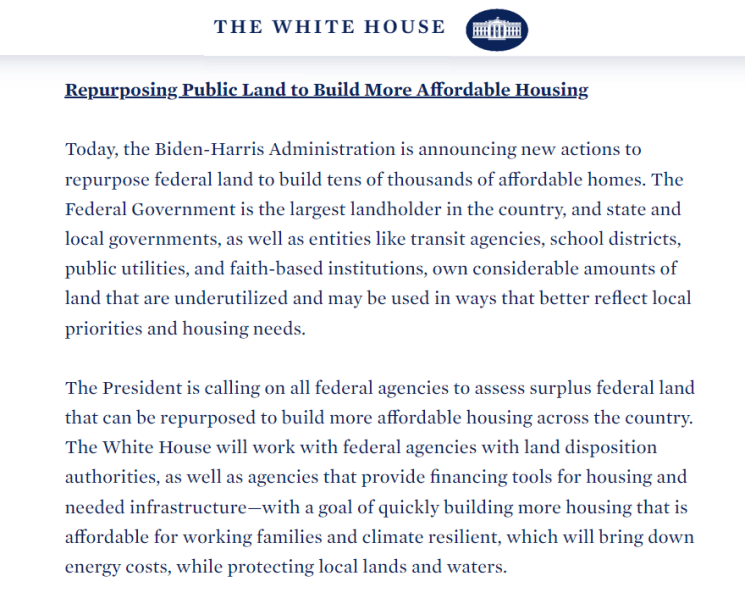 "A screenshot of a White House announcement titled 'Repurposing Public Land to Build More Affordable Housing.' It details the Biden-Harris Administration's plan to repurpose federal land to build tens of thousands of affordable homes.