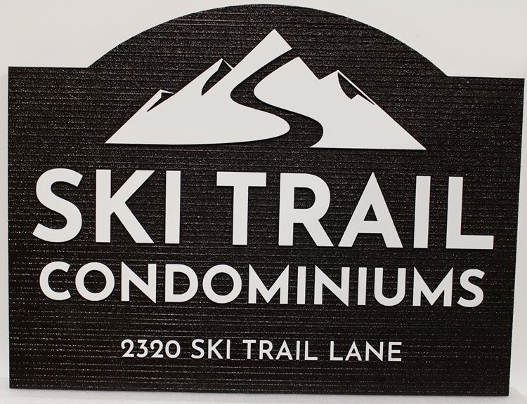 K20420 - Carved  2.5-D Raised Reliefand Sandblasted Wood Grain High-Density-Urethane (HDU)  Sign for "Ski Trail Condominiums".