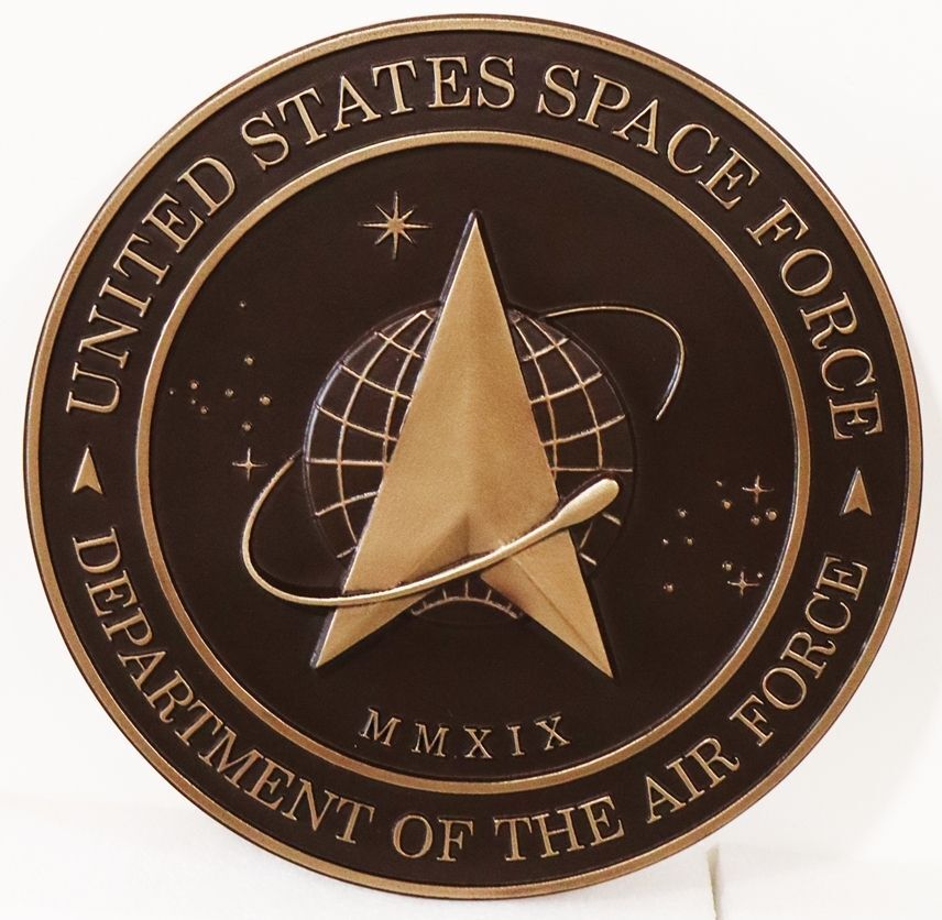LP-1206 - Carved 3-D Bas-Relief Plaque of the Seal of the United States Space Force, Bronze Metal Plated