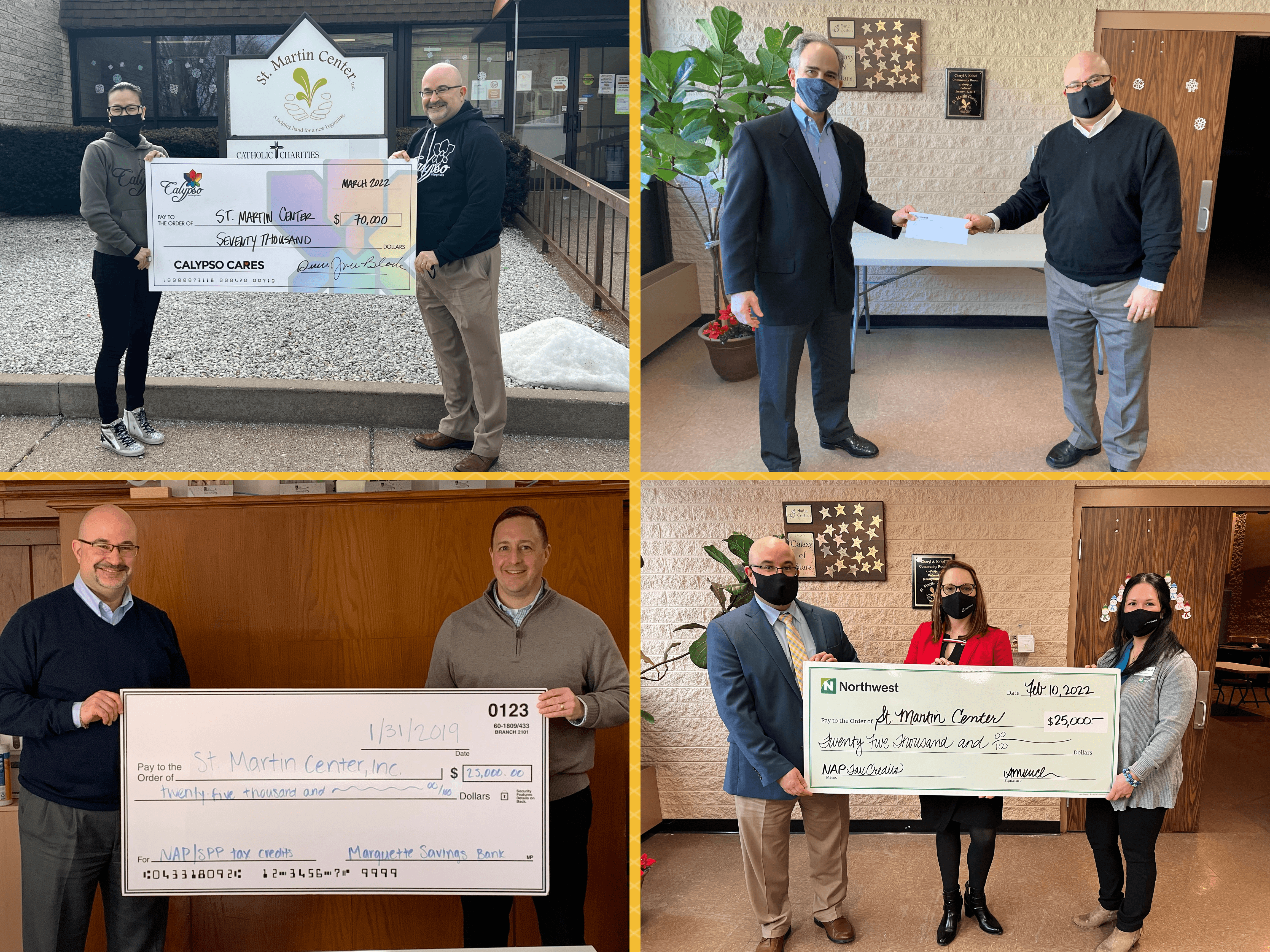 A photo collage of St. Martin Center receiving big checks from different businesses.