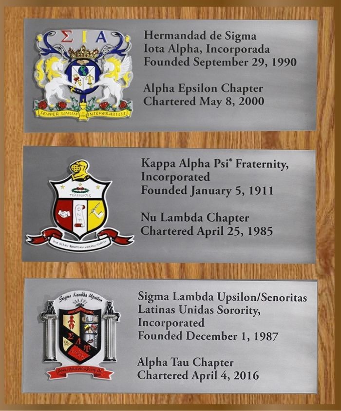 SP-1820 - Three Carved Plaques of College Fraternities or Sororities Mounted on an Aluminum Plate