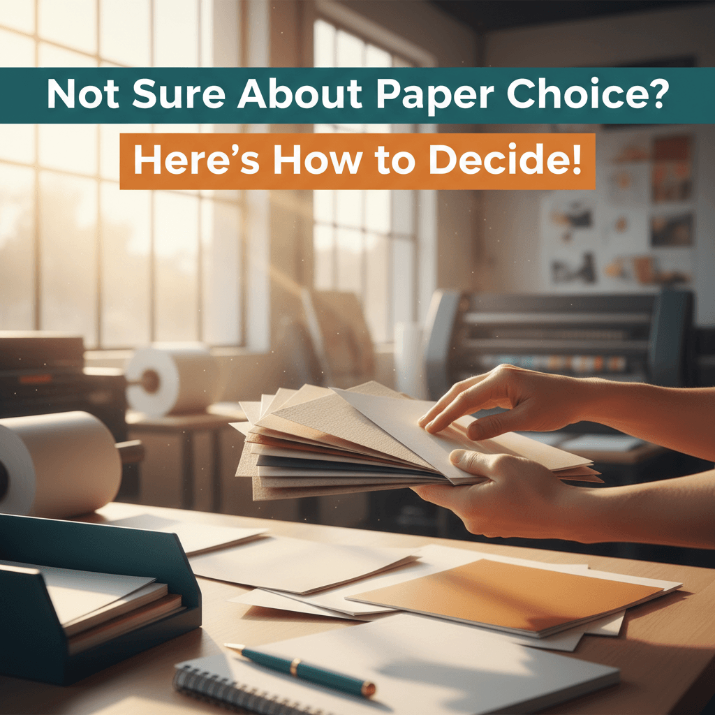 A warm, ultra-realistic commercial lifestyle photo showing a person reviewing different flyer and brochure paper types, feeling the texture and comparing finishes in a sunlit print shop interior. Camera angle is close-up hands-on action. Lighting is after