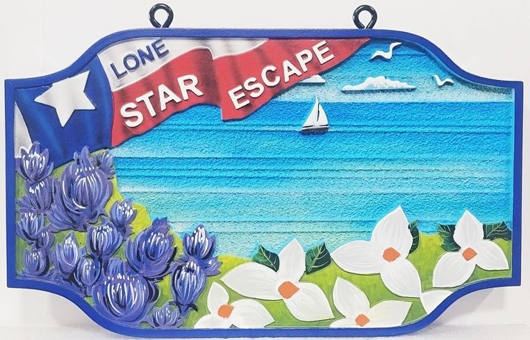 L21304 - Carved Coastal Home  Sign, "Lone Star Escape” , features a Scene with Flowers and a Sailboat  on the Ocean