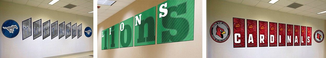 3 sets custom signs in school hallway with school colors and mascots, school signs with character words