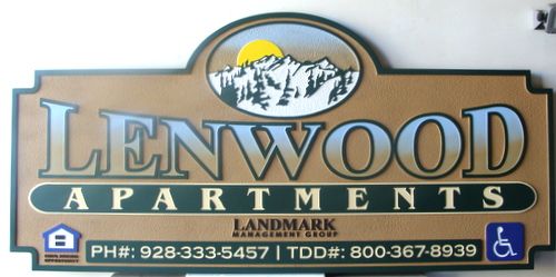 K20141 - Carved "Lenwood"  Apartment Entrance Sign with Snowy Mountains and Settong Sun