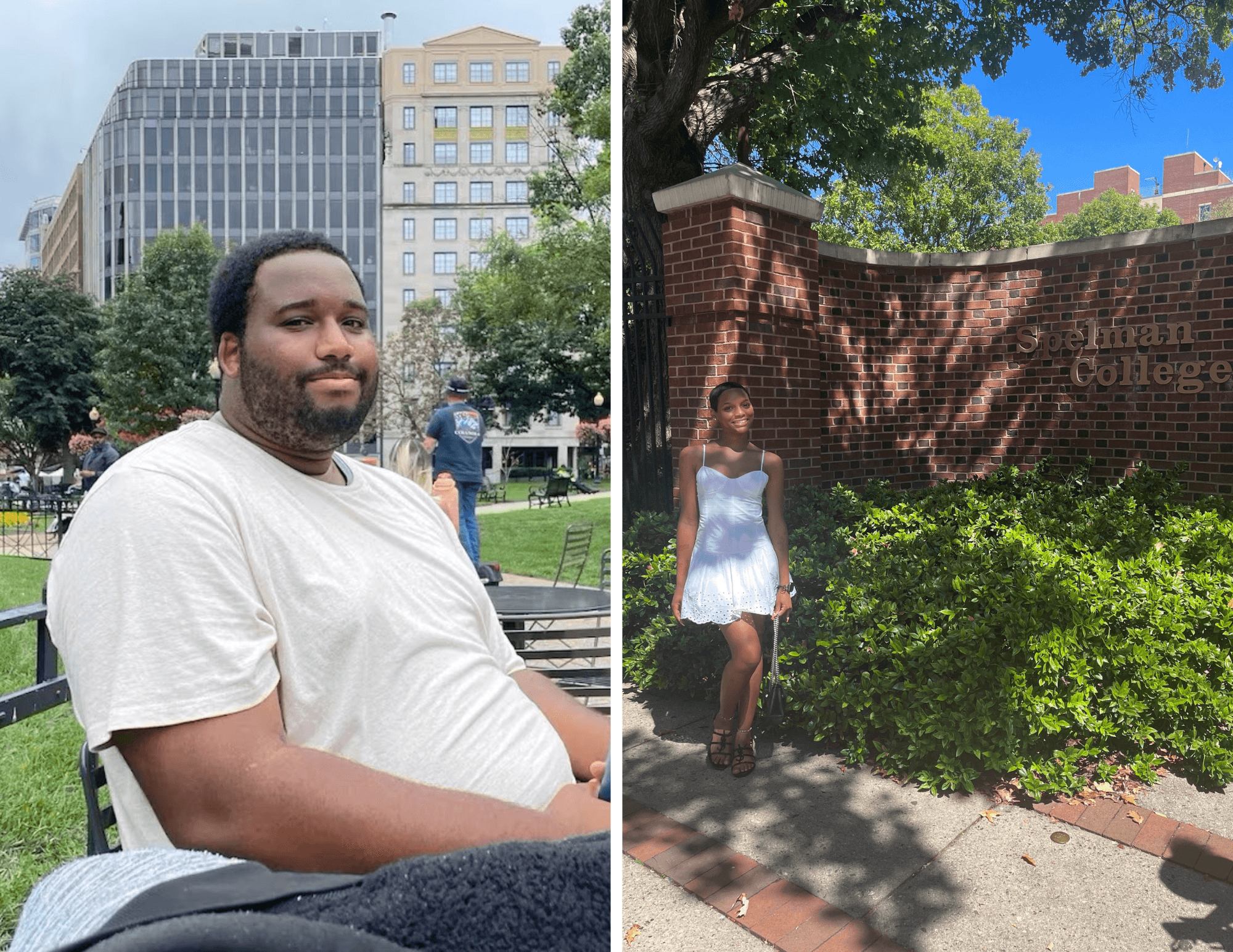 Two photos of a young woman standing in front of a brick wall that says Spelman College and a young man sitting on a park bench