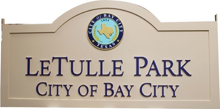 GA16473 - Carved High-Density-Urethane (HDU)  entrance sign was made for LeTulle Park, for Bay City, Texas, with the City's Seal as Artwork