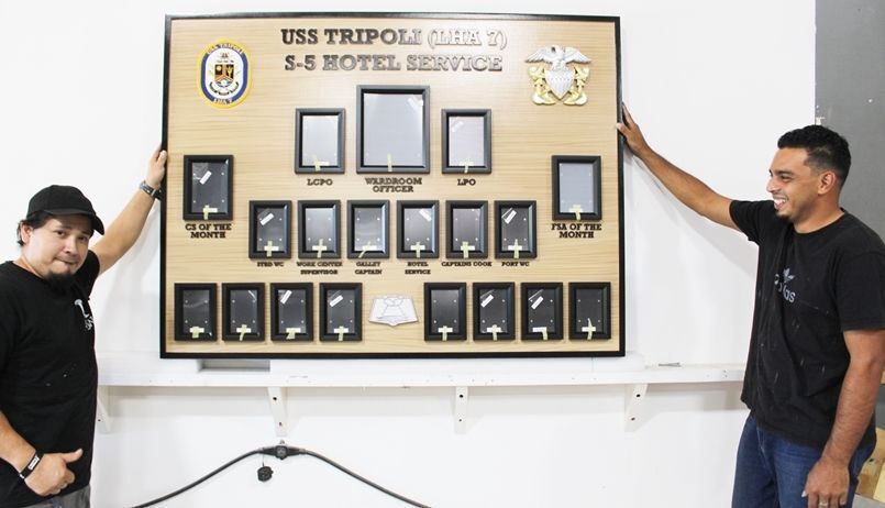 JP -1341 - Carved Faux Wood Grain HDU Chain-of-Command and Award Photo  Board for the USSTripoli (LH7) S-5 Hotel Service