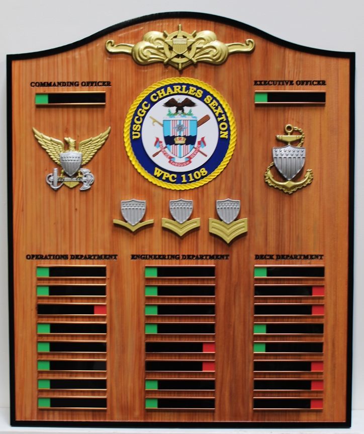 SA1090 - Chain-of-Command  Board for the US Coast Guard Cutter Charles Sexton (WPC 1108) ,  Carved from California Redwood