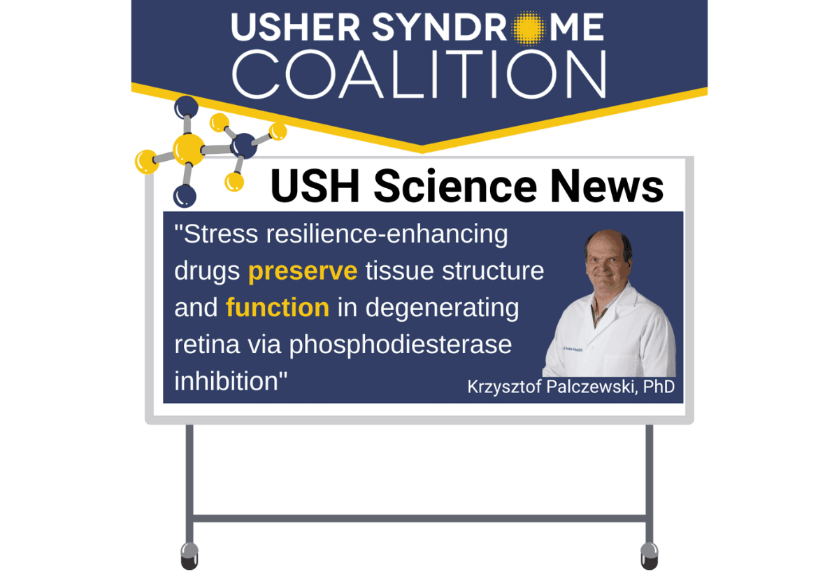 Photo of Krzysztof Palczewski, PhD, a balding middle aged man wearing a white labcoat, sitting with a smile. Article title: "Stress resilience-enhancing drugs pre﻿serve tissue structure and function in degenerating retina via phosphodiesterase inhibition"