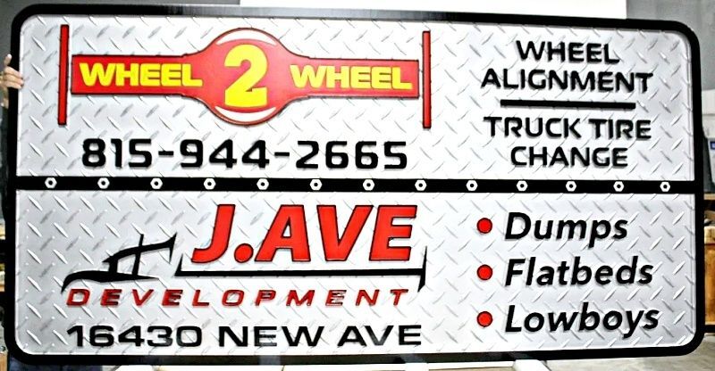S28168- Carved 2-D High-Density-Urethane Entrance Address Sign for J. Ave Development, with Steel Tread Plate as Artwork