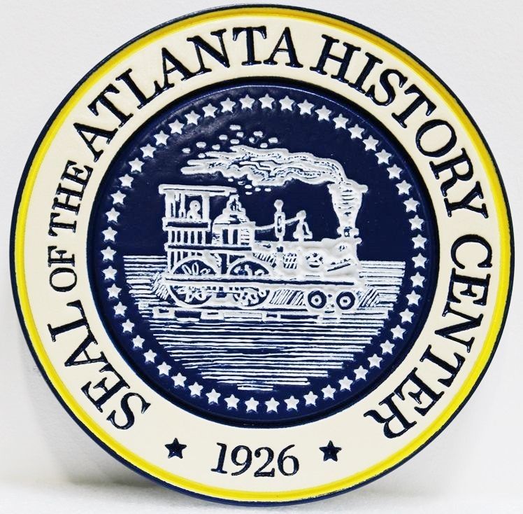 F15905 - Carved HDU Wall Plaque for the Atlanta History Center, with Artwork of a  Vintage Steam Locomotive