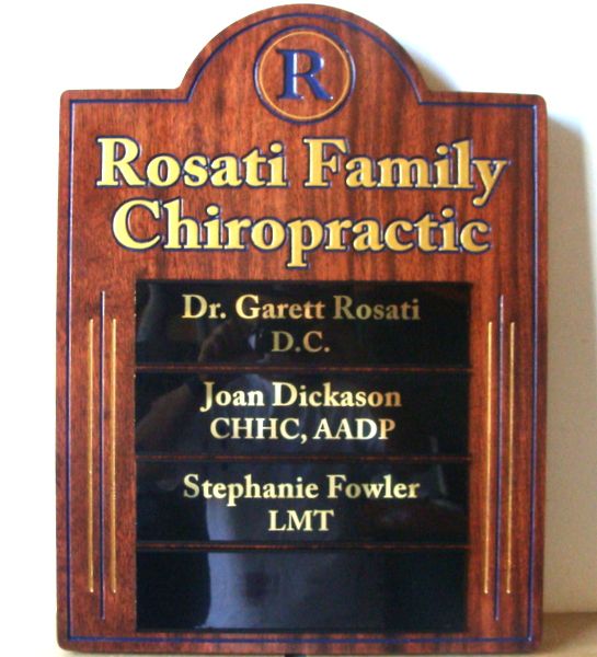 B11150 - Carved Western Red Cedar Sign, Embellished with Engraved Art and Text and Painted in Metallic Gold for "Family Chiropractic" Office.