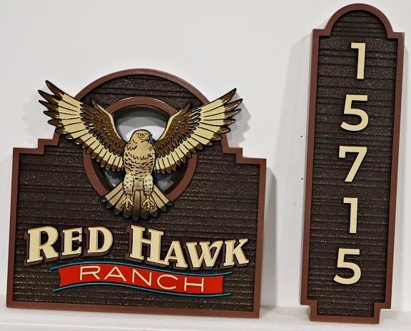 O24627 - Carved and Sandblasted HDU Property Name and Address Signs for "Red Hawk Ranch"