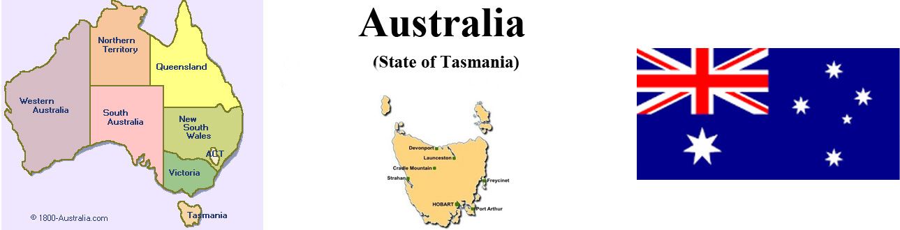 Australia Map and Flag and State of Tasmania Map