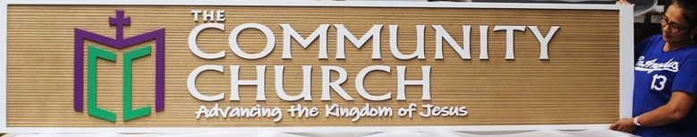 D13155 - Carved 2.5-D Raised Relief and Sandblasted Wood Grain HDU Sign for the Community  Church