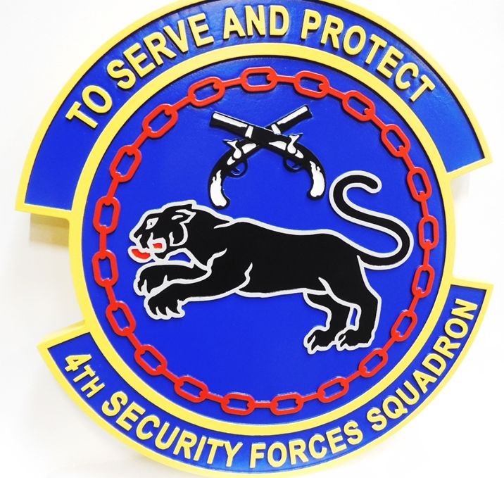 LP-7465- Carved Shield Plaque of the Crest of the Air Force 4th Security Forces Squadron, Artist Painted