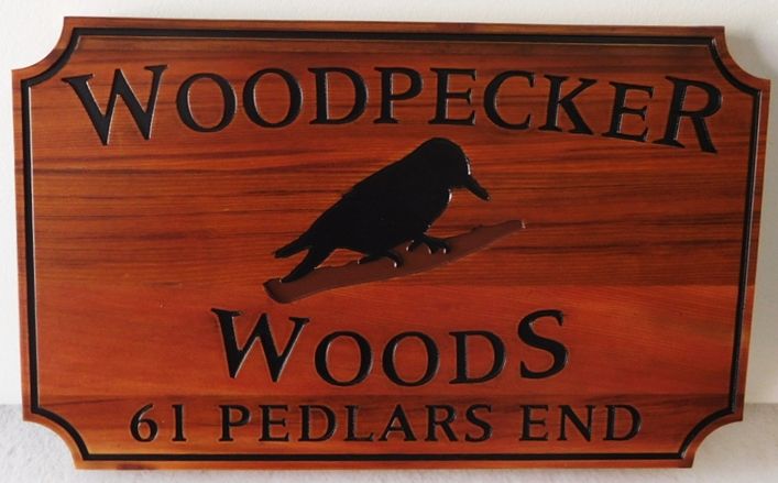 M22805 - Engraved Redwood Sign, Stained, with a Woodpecker as Artwork.