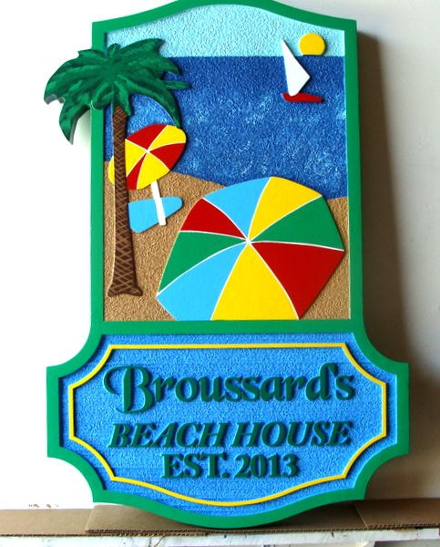 L21066- Carved and Sandblasted HDU Sign for Beach House, with Sun, Umbrella, Palm Tree, Sailboat, Ocean and Name Plate, "Broussard's Beach House"  