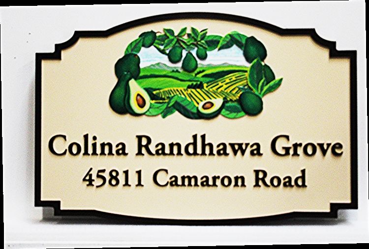 O24701 -  Carved High-Density-Urethane (HDU)  Sign for the  "Colina Randhawa (Avocado) Grove", with  Artist-painted Avocados and a Scene of a Grove) 